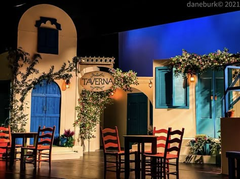 Encanto Stage Design, Mamma Mia High School Musical, Mamma Mia Stage Design, Mamma Mia Set Design, Mama Mia Musical, Greek Food Party, Theatre Collage, Mamma Mia Costume, Mamma Mia The Musical