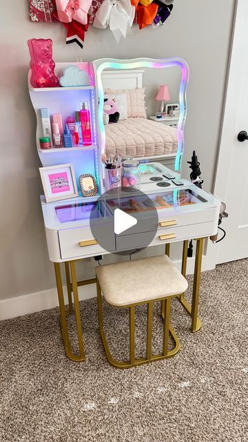 Amy Draper Darley on Instagram: "💄✨🪞How cute is this vanity from Amazon??? My daughter wanted a vanity for her birthday and this one couldn’t be more perfect!  It was so easy to put together, has the prettiest lights, and was perfect for organizing all the makeup and skincare! 

🛒Comment SHOP below to receive a DM with the link to shop this post on my LTK ⬇ https://liketk.it/4NXDq

#vanity #organized #makeuporganization #homeorganization #girlsroom  #ltkvideo #ltkhome" Vanity Table Girls, Girls Desk And Vanity Combo, Girls Vanity Ideas Kids Bedroom, Small Vanity Room Ideas, Vanity For Girls Room, Kids Vanity Ideas, Girls Dressing Table Ideas, Girl Vanity Ideas, Cheap Vanity Ideas