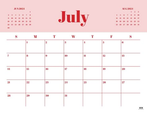 The dog days of summer are here and so are the endless activities and plans! Stay organized with one of 50 free July 2024 calendars! Print from home! 2024 July Calendar, July 2024 Calendar, July Calander, July Calendar 2024, Get Ur Life Together, Notion Library, World Of Printables, July Calendar, Monthly Printable