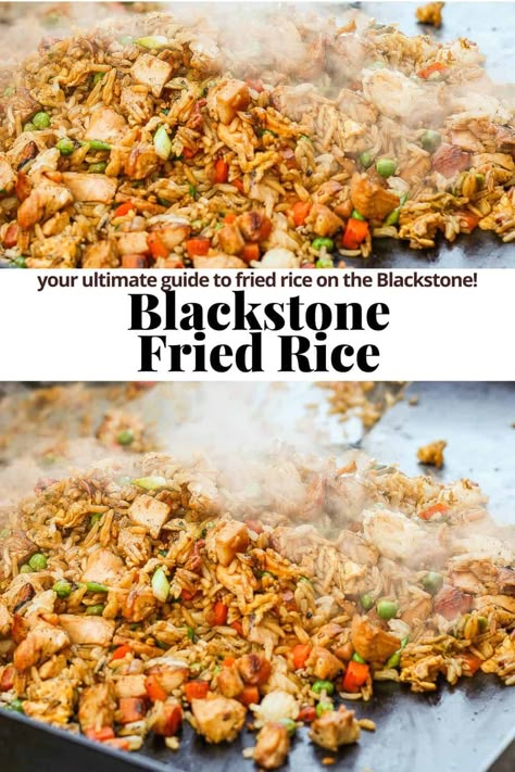 Blackstone Fried Rice - The BEST Blackstone Fried Rice that can be made with chicken, shrimp or veggie-style with the most amazing sauce - get this on your menu! #blackstonefriedrice #blackstonefriedricerecipe #blackstonefriedricerecipehibachi #blackstonefriedricechicken Stir Fry Recipes On Blackstone, Blackstone Grill Stir Fry, Mexican Rice On Blackstone Griddle, Blackstone Chinese Food, Blackstone Pork Fried Rice, Blackstone Cauliflower Fried Rice, Copycat Hibachi Fried Rice, Black Stone Griddle Fried Rice, Black Stone Rice Recipes