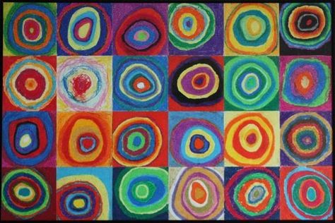 Kandinsky's Concentric Circles-  a fun, easy project for any ages.  I play a different type of music for each circle that I have the kids draw or paint.  I talk to them about how color and strokes can show emotions.  They always turn out awesome. Collaborative Art Projects For Kids, Kandinsky Circles, Adaptive Art, Group Art Projects, Class Art Projects, Art Docent, Group Painting, Collaborative Art Projects, Kandinsky Art