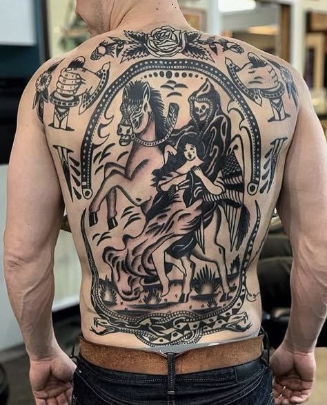 American Traditional Back Piece, Traditional Tattoo Back Piece, Back Piece Tattoo Men, Traditional Back Tattoo, Polynesian Tattoos Women, Backpiece Tattoo, Skull Hand Tattoo, Traditional Tattoo Old School, Wrist Tattoo Designs