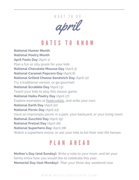 What to Do in April - Must Love Lists What To Do In April Must Love Lists, Must Love Lists, April To Do, What To Do In January, Things To Do In April, April Goals, Organization Motivation, National Cheese Lovers Day, Monthly List