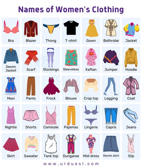 Each article of clothing has a name. Learn the names and uses of women's clothes. Master the clothes vocabulary in English. #womens #clothesnames #vocabulary #English Different Types Of Clothes Name, Clothes Types Fashion Vocabulary, Types Of Gowns With Names, English Fashion Style, English Clothes Style, Fashion Vocabulary Words, Clothes In English Vocabulary, Different Types Of Dresses Names, Different Clothing Styles Names