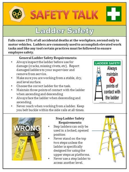 Falls cause 15% of all accidental deaths at the workplace, second only to motor vehicles. Ladders are commonly used to accomplish elevated work tasks and.> Health Safety Environment, Fire Safety Poster, Safety Infographic, Farm Tools And Equipment, Workplace Safety Tips, Safety Talk, Ladder Safety, Safety Topics, Health And Safety Poster