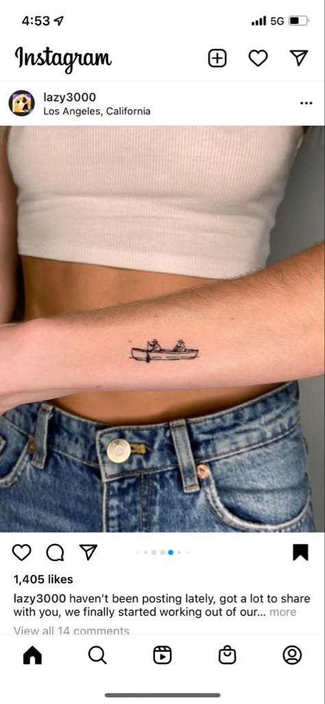 Feminine Boat Tattoo, Bass Boat Tattoo, Lake Themed Tattoos, Boat Line Tattoo, Rowing Boat Tattoo, Canoe Tattoo Ideas, Fishing Pole Tattoo Grandpa, Lake Inspired Tattoo, Lifeboat Tattoo