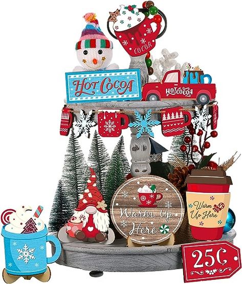 Holiday Hot Cocoa Bar, Winter Tiered Tray Decor, Winter Kitchen, Christmas Tiered Tray Decor, Christmas Tiered Tray, Cocoa Christmas, Christmas Tabletop Decor, Hot Cocoa Bar, Table Shelf