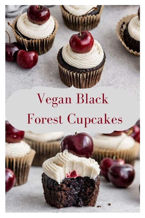 Vegan Recipes Muffins, Vegan Black Forest Cupcakes, Raw Vegan Cupcakes, Vegan Cherry Muffins, Vegan Christmas Cupcakes, Vegan Cherry Desserts, Vegan Bakery Recipes, Vegan Cupcakes Easy, Vegan Cupcakes Recipes