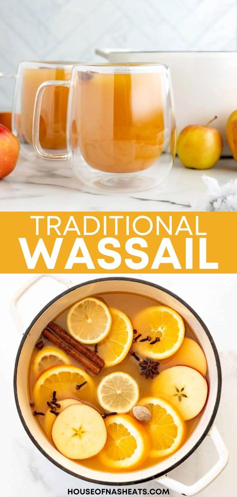 This traditional Wassail recipe is quick to prepare and incredibly versatile, promising good cheer and good health with every warming sip! The fragrance of this hot mulled cider drink is enough to fill a home with holiday spirit, making it a delightful addition to any Christmas Eve or New Year’s Eve gathering. This hot drink is sure to bring warmth and joy to your home throughout the winter season. | christmas wassail recipe holiday drinks Spiced Wassail Recipe, Hot Lemon Drink, Silver Dollar City Wassail Recipe, Hot Wassail Recipe Crock Pot, Wassail Dry Mix Recipe, Homemade Wassail Recipe, Wassle Drink, Holiday Wassail Recipe, Homemade Drink Recipes