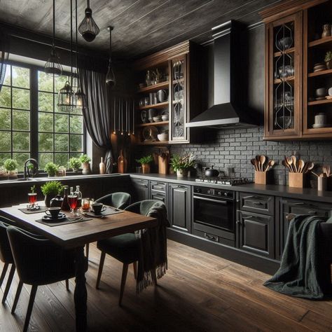 Dark Kitchen Modern Gothic Farmhouse Kitchen, Dark Walls Light Cabinets, Modern Gothic Kitchen, Dark House Interior Design, Dark And Moody Kitchen, Clawfoot Tub Ideas, Bohemian Kitchens, Masculine Kitchen, Dark Kitchen Ideas