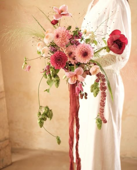 Asymmetrical Bridal Bouquet, Interesting Wedding Bouquets, Amaranth Bridal Bouquet, Amaranth Bouquet, Alternative Wedding Bouquet Ideas, Anthurium Bouquet Wedding, Bridal Bouquet Anthurium, Bridal Bouquet With Amaranthus, Anthurium Bridesmaid Bouquet