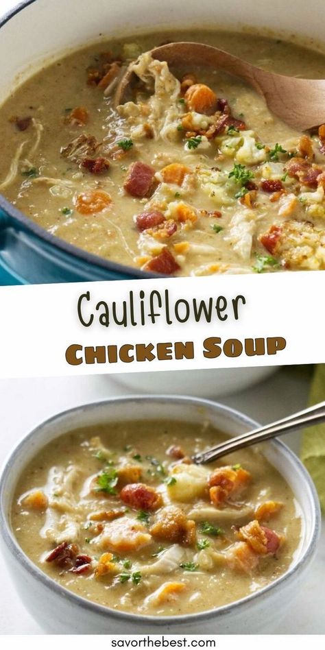 This cauliflower chicken soup is super quick and easy to prepare. The rich flavors of chicken combined with the savory cauliflower create a delicious and comforting soup that will have you coming back for more! Chicken Cauliflower Soup, Cauliflower Chicken Soup, Creamy Potato Leek Soup, Cauliflower Chicken, Soup With Bacon, Bacon Cauliflower, Roasted Cauliflower Soup, Pea And Ham Soup, Dairy Free Soup