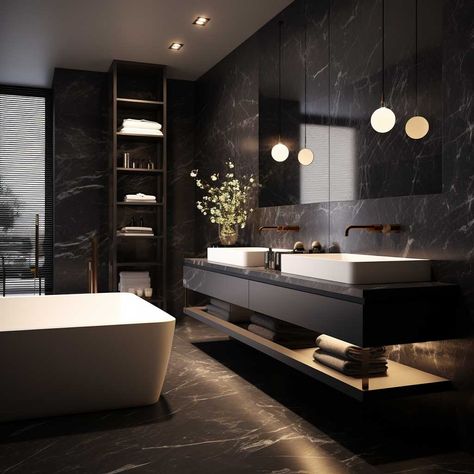 10+ Ideas for Creating a Luxury Modern Black Bathroom to Impress • 333+ Images • [ArtFacade] High End Bathroom Design, High End Bathroom Design Luxury, Dark Grey Tile Bathroom, Dark Modern Bathroom, High End Bathroom, Modern Black Bathroom, Dark Gray Bathroom, Grey Bathroom Tiles, Dark Bathrooms