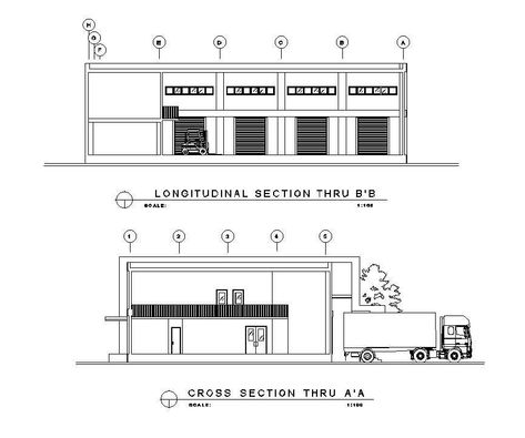 Longitudinal and cross-section details of the Warehouse are given in this AutoCAD DWG drawing. Download the AutoCAD 2D DWG file. - Cadbull Warehouse Layout Floor Plans, Cross Section Architecture, Warehouse Floor Plan, Warehouse Plan, Warehouse Layout, Longitudinal Section, Factory Architecture, Section Drawing, Warehouse Design