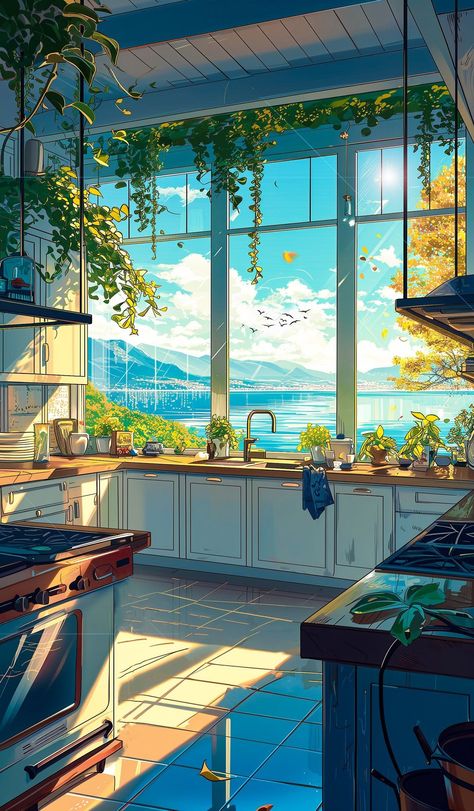 The secret ingredient in any recipe is a well-designed kitchen layout. I'm no interior architect, but we all know a game-changer when we… | Instagram Anime Kitchen Aesthetic, Studio Ghibli Kitchen, Anime Kitchen, Coloring Aesthetic, Notion Library, Place Aesthetic, Background Scenery, Studio Ghibli Background, Wallpaper Galaxy