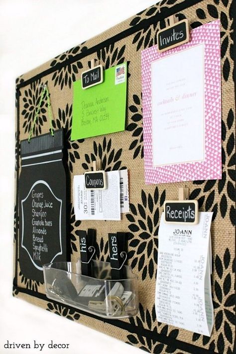 Simple tutorial for creating this cute patterned burlap bulletin board. Love the chalkboard clips! Cool Bulletin Boards, Burlap Bulletin Boards, Office Bulletin Boards, Diy Bulletin Board, Command Centers, Driven By Decor, Family Command Center, Cork Boards, Paper Clutter