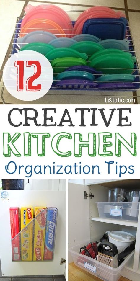 Easy DIY small kitchen organization ideas and storage tips for your cabinets, your countertops, under your sink and in your pantry! I'll bet you could go to the dollar store or dollar tree and do these projects for cheap. These hacks are great for apartments! Listotic.com Small Kitchen Organization Ideas, Dollar Tree Kitchen Organization, Kitchen Renovation Diy Ideas, Dollar Tree Kitchen, Apartment Kitchen Organization, Kitchen Organization Tips, Dollar Tree Organization, Kitchen Sink Organization, Kitchen Organization Ideas