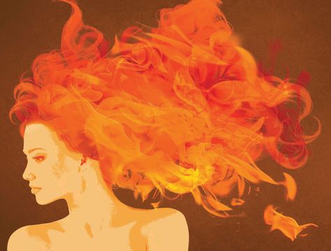 Fire Hair Illustration, Fire Hair Art, Fire Hair Drawing, Redhead Goddess, Flame Hair, Catelyn Stark, Fire Goddess, Fire Hair, Cartoon Hair