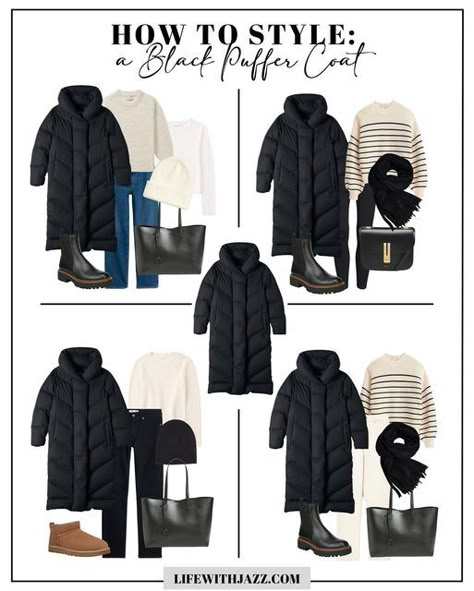 Winter Black Jacket Outfit, London Outfit Winter Plus Size, Winter Outfits Puffer Coat, How To Style A Coat Winter, How To Style A Long Puffer Jacket, Style Long Puffer Jacket, Oversized Puffer Coat Outfit, Black Coats For Women Winter, Puffer Jacket Long Outfit