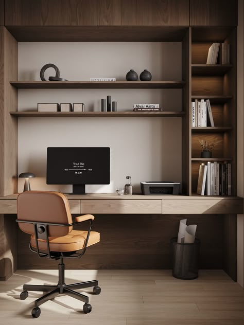 Minimalist beige apartment design on Behance Dual Office Ideas, Small Study Room Design, Desk Ideas For Small Spaces, Zen Bedroom Decor, Beige Apartment, Beige Office, Office Room Design, Home Office Furniture Design, Modern Home Offices