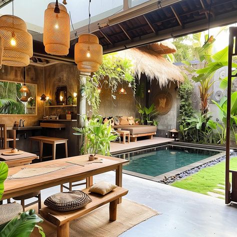 bali_backyard 17 Bali Tropical Garden, Bali Bungalow Design, Bali Style Home Interiors, Bali Villas Design, Bali Outdoor Living, Bali Small Villa, Lanai Garden Patio, Bali Pool Ideas, Bali Garden Ideas Backyards