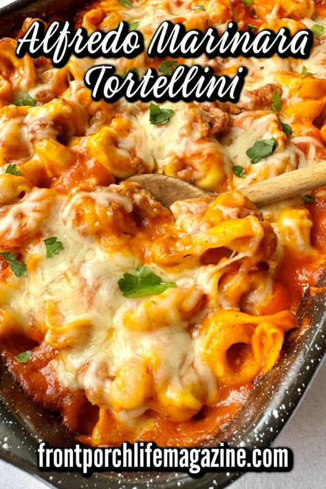 Alfredo marinara tortellini recipe is simple and takes 10 minutes to put together and 40 minutes to bake. This casserole is perfect for a busy weeknight dinner meal for family or serve it to guests.  Delicious made with Italian sausage, ground beef or ground turkey. Tortellini Casserole Alfredo, Sausage And Tortellini Bake, Tortellini With Alfredo And Marinara, Italian Sausage Tortellini Bake, Marinara Tortellini Recipes, Tortellini Recipes With Marinara, Ground Meat And Tortellini, Pasta And Ground Sausage Recipes, Tortelinni Bake