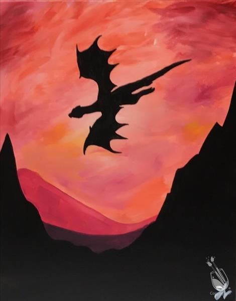 How to Paint Dragon Sunset- ALL AGES!! Dragon Paintings, Birthday Drawing Ideas, Friendly Dragon, Model Clay, Paintings To Paint, Birthday Drawing, Dragon Silhouette, Painting With A Twist, Paint Studio