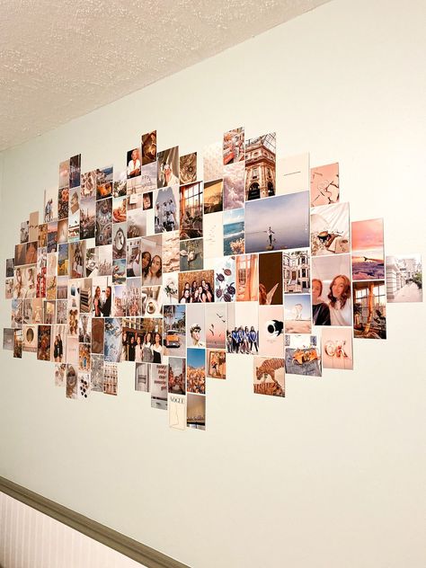 Photo Wall Collage Bedroom Black And White, Photo Wall Collage Layout Ideas, Cards On Wall Decoration, Diy Wall Picture Collage, Pic Collage On Wall Ideas, Ways To Arrange Pictures On A Wall, Photo Wall Collage No Frames, How To Decorate A Bedroom Wall Pictures, 4x4 Pictures On Wall Ideas