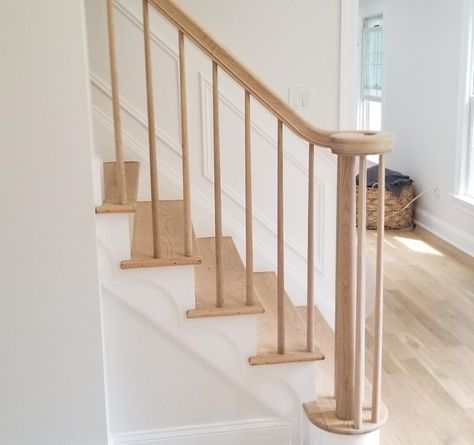 American Stair and Rail NJ | Over the post white oak rail system with white oak tapered posts, white oak tapered balusters and 6510 white oak rail. | Instagram White And Oak Bannister, Light Oak Staircase, White Oak Stairs, White Oak Staircase, Stained Staircase, Oak Handrail, Stair Banister, Stair Balusters, Oak Stairs