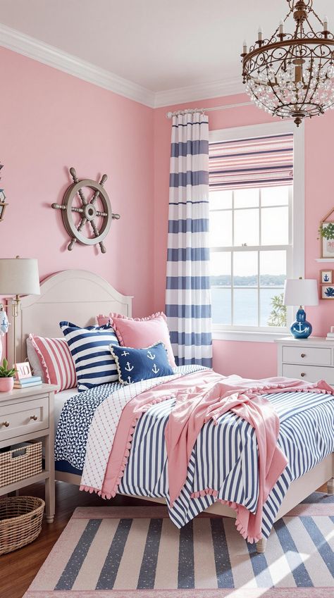 Pink Bedroom Ideas Girls Nautical Bedroom, Relaxed Bedroom, Girls Blue Bedroom, Navy Bedrooms, Pink Bedroom Ideas, Pink Bedroom For Girls, Pink Art Deco, Navy Blue And Pink, Classic French Style