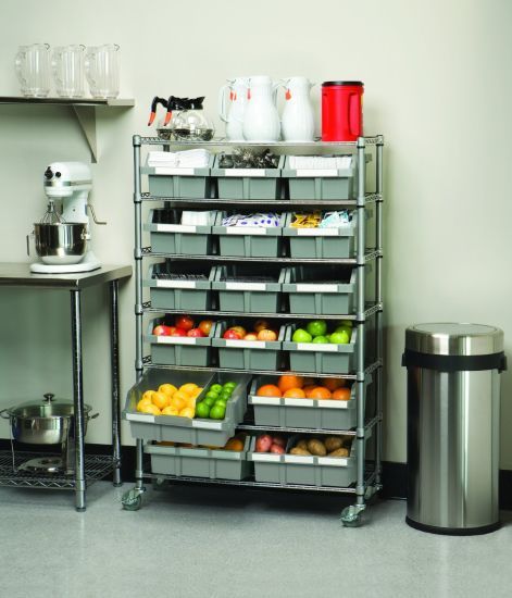 Commercial Kitchen Organization, Organiser Cucina, Bin Rack, Commercial Kitchen Design, Restaurant Kitchen Design, Shelf Bins, Bakery Kitchen, Kitchen Storage Shelves, Shelving Racks