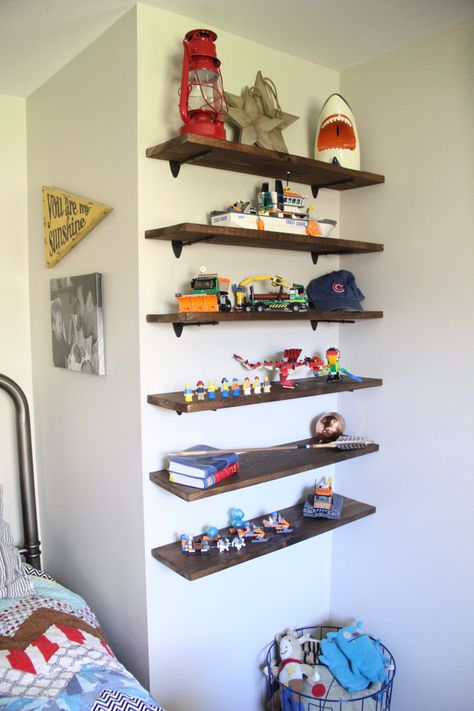 DIY Floating Lego Shelves, Lego Shelving, Wood Floating Shelves, Wood Shelves on Pegs, Shelving for Legos, Lego Kids Room Shelving, Lego Shelves Lego Kids Room, Lego Shelves, Kids Room Shelves, Grey Floating Shelves, Kids Shelves, Boy Room Ideas, Floating Shelves Kitchen, Lego Display, Boys Room Ideas