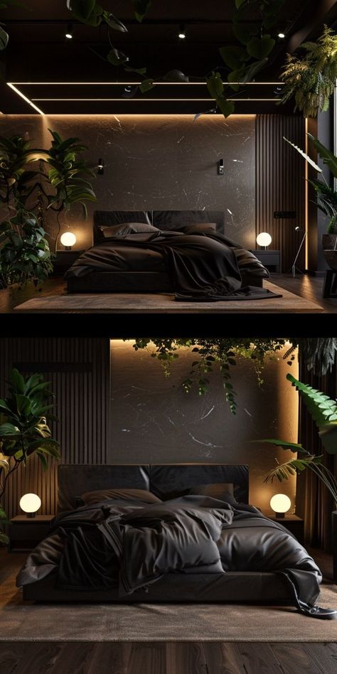 Dark Modern Bedroom Design, Blacked Out Bedroom, Dark Bedroom Lighting, Mafia Bedroom Aesthetic, Modern Bedroom With Plants, Men Room Design Bedrooms, Modern Unique Bedroom Design, Mafia Bedroom, Dark Tone Bedroom