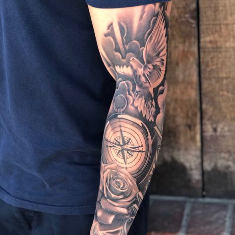 Tattoo of dove with clouds. Compass and Rose tattoos. Half sleeve. Compass Sleeve Tattoo, Tattoos Half Sleeve, Tattoos For Guys Forearm, Arm Tattoos For Guys Forearm, Tattoo Sleeve Ideas, 3d Tattoos, Sleeve Ideas, Tattoos Art, Arm Tattoos