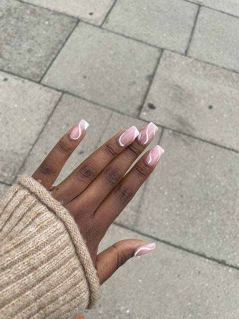 Baby Pink nails with white swirl art Simple Plain Nail Designs, Coffin Engagement Nails, Simple Nail Designs Coffin Shape, Engagement Nails Coffin, Basic Nail Ideas Simple, Basic Nail Designs Simple, Corporate Nail Designs, Simplistic Nail Designs, Cheap Nail Ideas