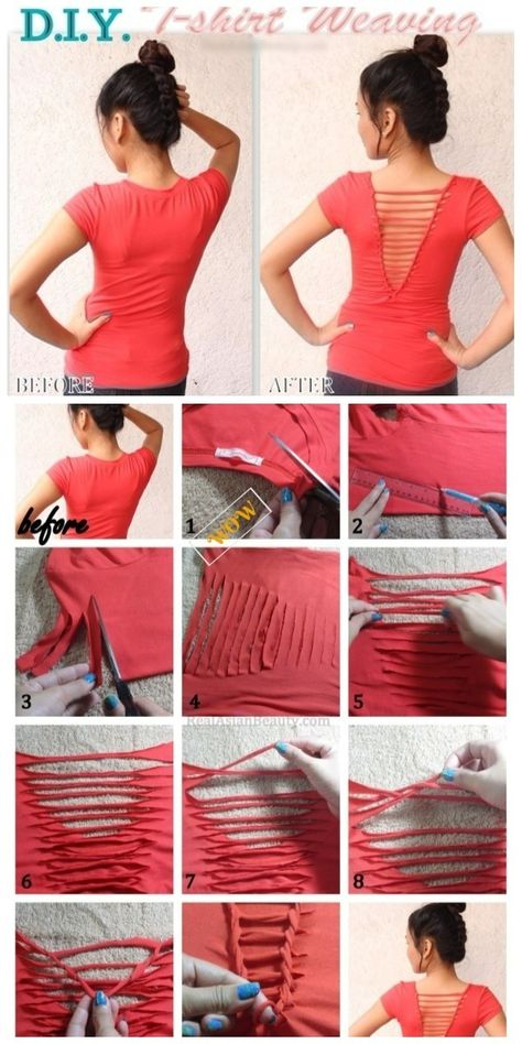 Chic T-shirt Refashion Ideas with DIY Tutorials-DIY Weaving Back T-shirt Refashion Tutorial T Shirt Redesign, Shirt Weaving, Cut Tshirt Diy, Cut Up T Shirt, Umgestaltete Shirts, Cut Shirt Designs, T Shirt Weaving, Diy Cut Shirts, Shirt Makeover