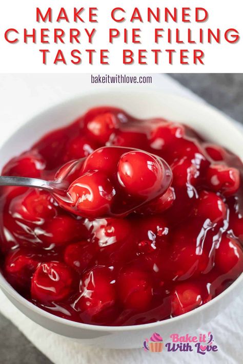 Make canned cherry pie filling taste better by following a few important tips and tricks for a great homemade flavor! I've compiled all of my favorite baking hacks right here for you! This is the ultimate guide to making your canned pie filling as tasty as possible! BakeItWithLove.com #bakeitwithlove #cherry #pie #filling #homemade #tips #tricks #guide Canned Cherry Pie Recipe, Pie Filling Recipes Easy, Cherry Pie Filling Recipes Easy, Cherry Filling Recipes, Cherry Pie Recipe Easy, Best Cherry Pie, Canned Cherry Pie Filling, Canned Cherry Pie, Fruit Snack Recipe