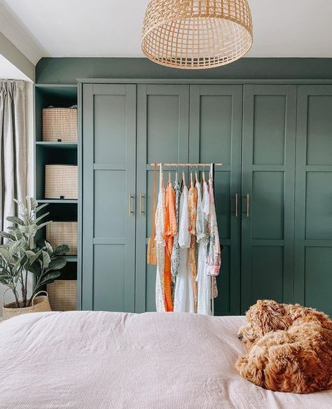 Lick on Instagram: "A 👀 around @laura.elizabeth_'s bedroom! She’s paired green-based #Grey07 on her wardrobes with grey-beige mix, #Greige02 on the walls and panelling. #LickHome" New Build Bedroom, Grey Green Bedrooms, Built In Wardrobe Doors, Greige Bedroom, 80s Bedroom Decor, Fitted Wardrobes Bedroom, Bedroom Wardrobe Ideas, Wardrobes Bedroom, Bedroom Wardrobe Design