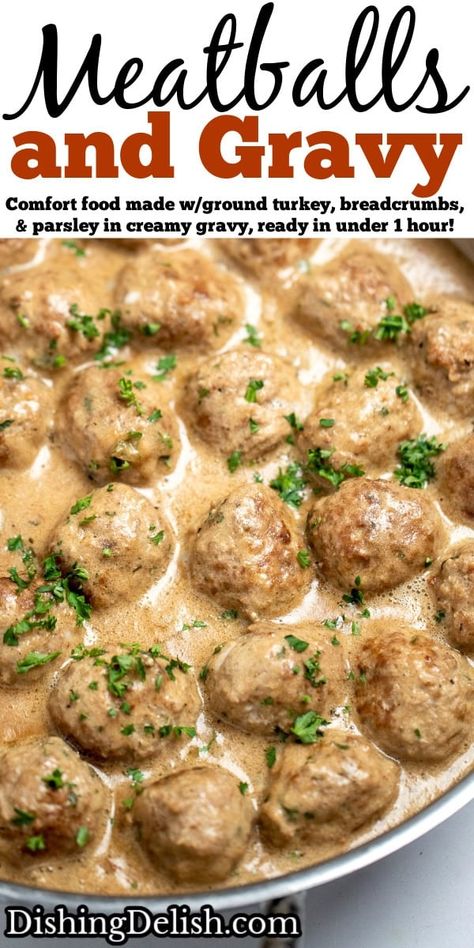 Meatballs and Gravy are a classic comfort food made with ground turkey, gluten free breadcrumbs, and fresh parsley in a creamy gravy over mashed potatoes, ready in under 60 minutes! Meatballs And Mashed Potatoes Gravy, Creamy Turkey Meatballs, Meatballs And Gravy Easy, Turkey Meatballs And Gravy, Meatball Gravy Recipe, Meatballs And Gravy Recipe, Meatball Gravy, Dutch Oven Chicken Breast, Gluten Free Breadcrumbs