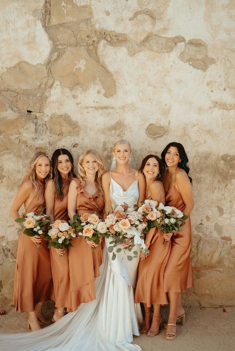 Terracotta Bridesmaids, Terracotta Dress, Indigo Wedding, Beige Bridesmaids, Rustic Bridesmaids, Rust Bridesmaid Dress, Bridal Party Bouquets, Neutral Bridesmaid Dresses, Orange Bridesmaid