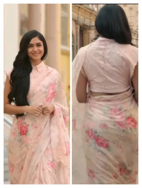 Seetharamam Blouse Models, Mrunal Thakur Saree In Sita Ramam, Sitaramam Blouse Designs, Seeta Ramam Blouse Design, Seetha Ramam Saree Blouse, Sita Ramam Saree Looks, Mrunal Thakur In Saree, Overlap Blouse Design, Trending Blouse Designs