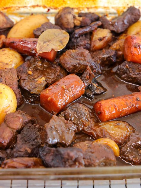 Roasted Beef Chunks Recipe | How to Make Roasted Beef Cubes - The Cooking Foodie Chuck Roast Cubes Recipes, Oven Baked Beef Stew Recipe, Beef Chunks Recipes Quick, Beef Cubes Recipe, Beef Chunks Recipes, Oven Baked Beef Stew, Baked Beef Stew, Cubed Beef Recipes, Oven Roast Beef