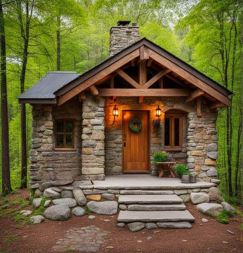 Backyard Decorating Ideas Diy, Cozy Rustic Home, Small Stone Cottage, Small Stone House, Backyard Decorating Ideas, Rustic Home Exterior, Building A Small House, Stone Cabin, Backyard Decorating