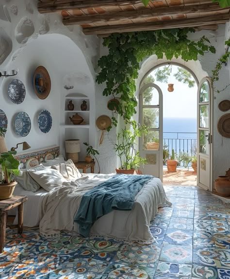 Room Ideas Aesthetic Mediterranean, Greek Aesthetic Interior, Medatrainian Bedroom, Mediterranean Villa Bedroom, Greek Mythology Themed Bedroom, Mediterranean Bedroom Decor Ideas, Greece Aesthetic Room Decor, Greece Inspired Room, Greece Aesthetic Bedroom