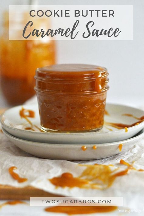 This is an easy homemade COOKIE BUTTER caramel sauce!  A perfect topping for ice cream, brownies, and all kinds of desserts!  If you love that biscoff and speculoos flavor and are looking for other ways to use it, this recipe is for you!  #homemadecaramelsauce #cookiebutter #biscoff #speculoos #easycaramelsauce #caramelrecipe Biscoff Coffee Syrup, Cookie Butter Drizzle, Flavored Caramel Sauce, Cookie Butter Sauce, Biscoff Sauce Recipe, Homemade Cookie Butter Recipes, Cookie Butter Coffee Syrup, Cookie Butter Syrup, Cookie Dipping Sauce