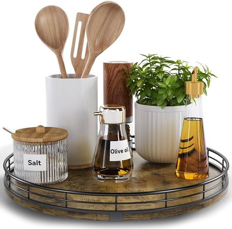 Amazon.com - HGF Farmhouse 10" Lazy Susan Turntable Organizer for Table Top, Round Wooden Lazy Susan for Cabinet Kitchen Decor Centerpieces Coffee Table, Storage Condiments Spices, Bathroom Vanity Tray for Soap Centerpieces Coffee Table, Lazy Susan Spice Rack, Diy Kitchen Hacks, Wooden Lazy Susan, Lazy Susan Organization, Kitchen Countertop Organization, Decor Centerpieces, Bathroom Vanity Tray, Kitchen Storage Hacks