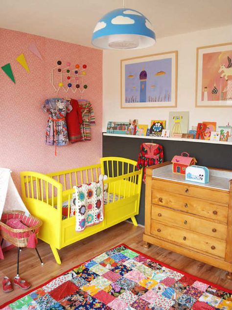 Nothing will be more fun than filling their walls with colourful decals - 10 Colourful Nurseries | Tinyme Blog Colorful Nursery Decor, Bright Nursery, Kids Room Ideas, Yellow Furniture, Painted Beds, Colorful Kids Room, Yellow Nursery, Yellow Bedding, Nursery Room Inspiration