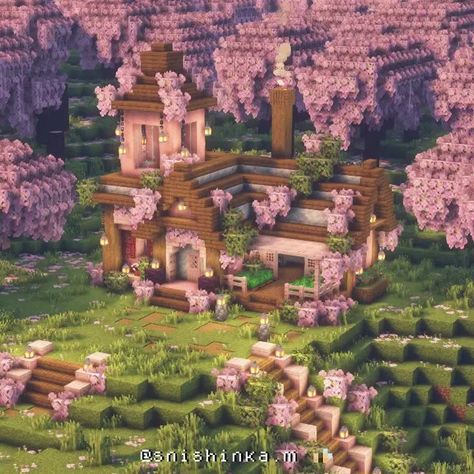 Minecraft Cherry Blossom Aesthetic, Minecraft Cherry Blossom Cottage, Cherry Blossom Cottage Minecraft, Cherry Blossom Builds Minecraft, Minecraft Houses Cherry Blossom, Minecraft Staircase Design, Cherry Blossom Builds, Pretty Minecraft Builds, Minecraft Cherry Blossom Builds