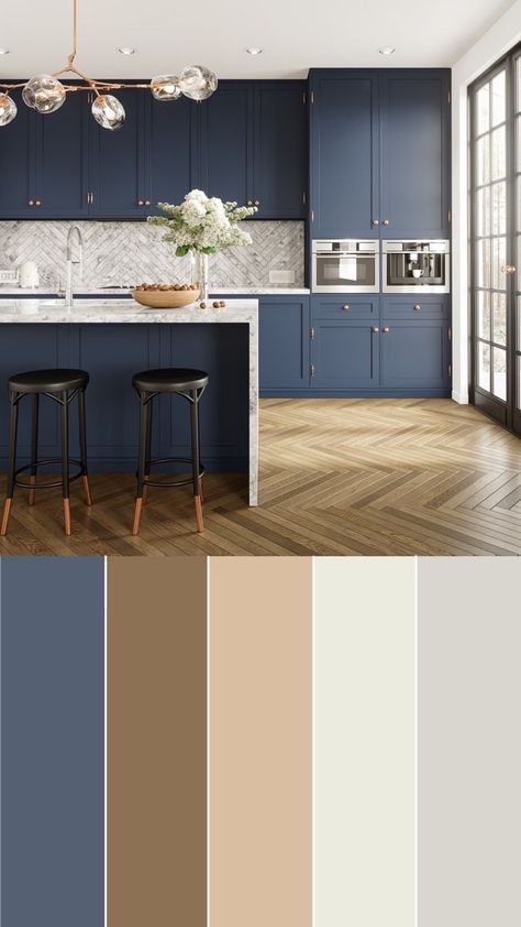 Modern Kitchen Colours, Best Kitchen Colors, Kitchen Colour Schemes, Kitchen Cabinets Decor, Kitchen Interior Design Modern, Blue Cabinets, Kitchen Cabinet Colors, Kitchen Room Design, Kitchen Furniture Design