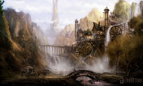 Village of Red Cliff, the heroes of Second Chances returned here after their victory in Kal Barosh Thaig.  They sought council with the local Arl and Bann Fable Ii, Fable 2, Fantasy Cities, Art Environment, Heroic Fantasy, Landscape Concept, Fantasy Worlds, Fantasy Castle, Fantasy City